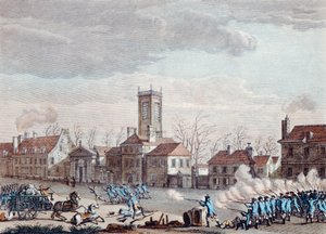 Slag voor de Eglise de la Chapelle, Parijs, tussen de bewakers van de barrières van de Fermiers Generaux en de revolutionairen op 24 januari 1791, ca.1795