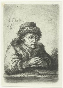 Volwassen man aan een tafel, in bontmantel door Jan Chalon
