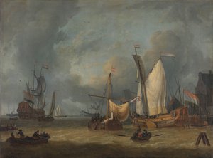 Een storm (schepen in de haven bij harde wind) door Jan Claesz. Rietschoof