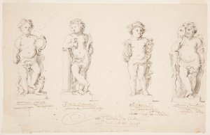 Tekenen, projecten voor standbeelden: "Wijsheid. "Standvastigheid. "Welsprekendheid." "Cupido vermomd.", 1726