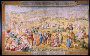 Vlaams wandtapijt. Serie De verovering van Tunis: De plundering van Tunis. Tekenaar Jan Cornelisz Vermeyen. Atelier Willem de Pannemaker, Brussel. Ca 1545.