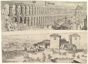 Het aquaduct van Segovia en het kasteel van Madrid door Jan Cornelisz Vermeyen