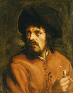 Een man die een kleipijp rookt