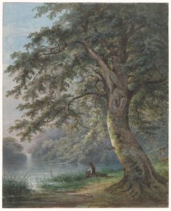Hengelaar onder grote boom bij vijver door Jan David Geerling Grootveld
