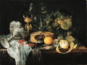 Duits: Prachtig stilleven met vruchten, taart en bekers Weelderig stilleven met vruchten, taart en bekers, 1651