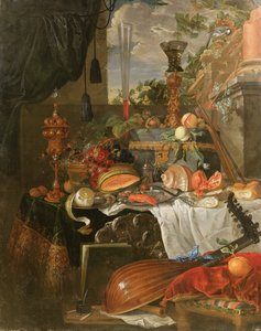 Stilleven van Voedsel en Muziekinstrumenten