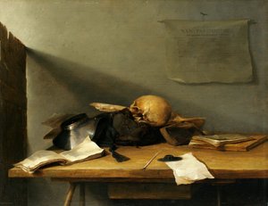 Stilleven met boeken en schedel
