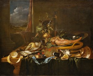 Stilleven met oesters en gekookte ossentong