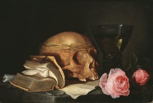 Vanitas Stilleven met een Schedel, een Boek en Rozen door Jan Davidsz de Heem