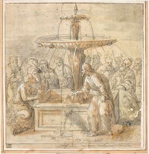 Heiligen met kruiken rond fontein door Jan Deys