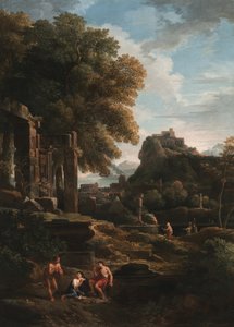 Een klassiek landschap met figuren op de voorgrond, ruïnes links en een figuur in het midden die een offer brengt door Jan Frans van Bloemen