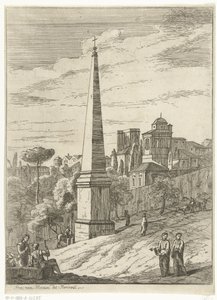 Italianiserend landschap met obelisk en gezicht op stad door Jan Frans van Bloemen