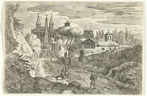 Italianiserend landschap met reizigers bij stadsmuren door Jan Frans van Bloemen