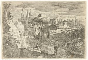 Italianiserend landschap met reizigers bij stadsmuren door Jan Frans van Bloemen