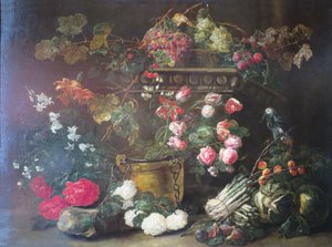Stilleven met bloemen, fruit en een papegaai door Jan Fyt