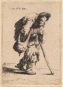 Bedelaar die een vrouw op zijn rug draagt