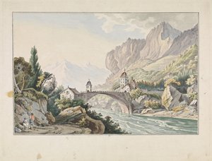 Gezicht op de brug bij Saint Maurice te Zwitserland