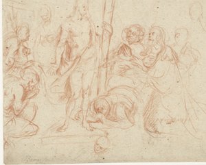 Christus met het kruis, omringd door knielende figuren door Jan Gerritsz. van Bronckhorst