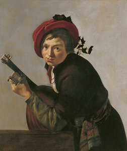 Jonge man die een theorbo bespeelt