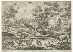 Landschap met twee ganzen die hun jongen verdedigen door Jan Griffier (I)