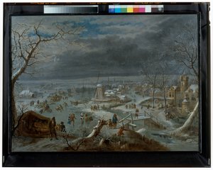 Winterlandschap met schaatsers op een bevroren vijver bij een dorp