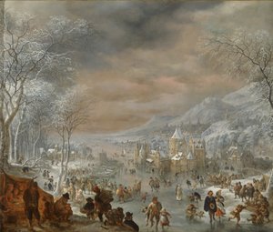 Winterlandschap met schaatsers, kerk en dorp langs de oever van een rivier door Jan Griffier