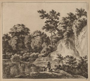 Landschap met rivier en rots door Jan Hackaert