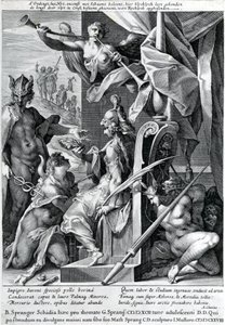 Mercurius en Minerva bewapenen een held met een stierenhuid en een lauwerkrans