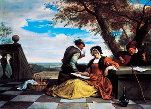 Twee mannen en een jonge vrouw maken muziek op een terras