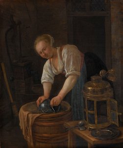 Vrouw die metalen voorwerpen schrobt door Jan Havicksz. Steen