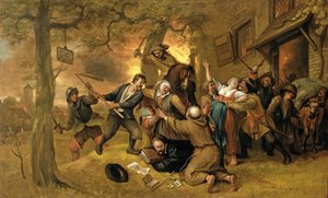 Boeren en Soldaten Buiten een Herberg - Een Allegorie van de Verkrachting van Nederland door Jan Havickszoon Steen