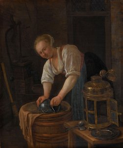 Vrouw die Metalen Voorwerpen Schuurt, 1650-60 door Jan Havickszoon Steen