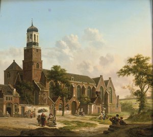 Stadsbewoners bij de Nicolaikerk, Utrecht door Jan Hendrik Verheyen
