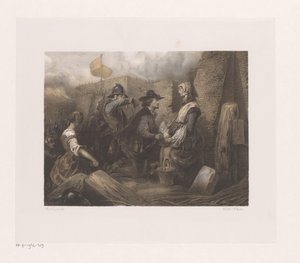 Vrouw en soldaten bij een stadspoort, mogelijk Kenau Simonsdochter door Jan Hendrik van de Laar