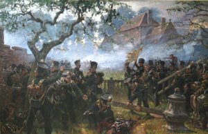 Nassau troepen bij Hougoumont tijdens de Slag bij Waterloo