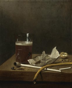 Stilleven met een glas bier, een pijp, tabak en andere benodigdheden voor het roken, 1658