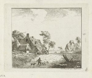 Landschap met herder en schapen bij twee boerderijen door Jan Izaak van Mansvelt