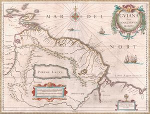 Kaart circa 1649 van de Guiana regio. Gebied geclaimd door Spanje in rood naar het westen, Nederlands Guiana in geel en Portugees gebied in rood naar het zuidoosten. Het mythische meer Parime is ook zichtbaar door Jan Janssonius