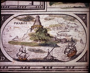 Voorstelling van de Zeven Wereldwonderen: de vuurtoren van Alexandrië. in de Atlas van Jansson Jannsonius gedrukt in Amsterdam in 1630