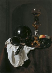 Stilleven met glas wijn en tinnen kruik