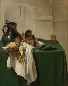 Tinnen kan en zilveren tazza op tafel door Jan Jansz den Uyl
