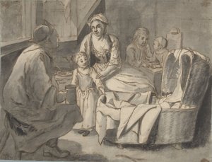 Interieur met een familie met kinderen door Jan Josef Horemans (II) (possibly)