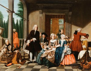 Portret van een familie die dineert op een portiek, een formele tuin daarachter, 1747 door Jan Josef the Younger Horemans
