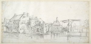 Een kanaal met gebouwen, waaronder een tolhuis en een tolbrug, ca. 1650