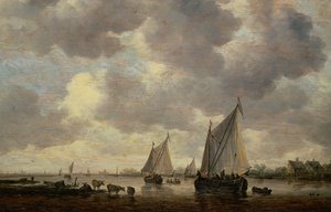 Een Kanaal in Nederland, of Twee Grote Zeilschepen en Vee bij een Rivier door Jan Josephsz van Goyen