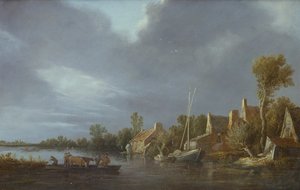 Een Dorp bij een Rivier met Boeren en Vee op een Veerboot door Jan Josephsz van Goyen