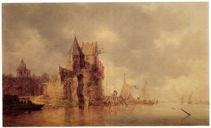 Een middeleeuwse toren op een kasteelwal met zeilschepen aan een steiger en een roeiboot op de voorgrond