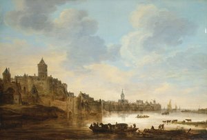 Een Stad aan de Oever van een Rivier, met een Veerboot, 1648