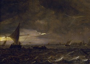 Vissersboten in een estuarium bij schemering, met een uitzicht op een stad en zijn klokkentoren aan de horizon