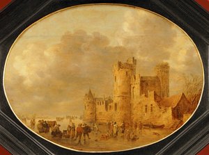 Schaatsers voor een middeleeuws kasteel ... door Jan Josephsz van Goyen